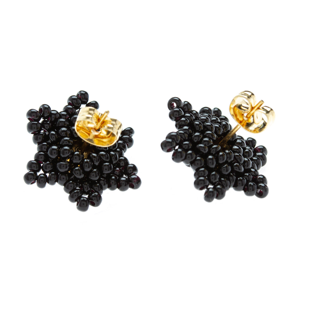 Star-shaped Beaded Button Earrings Handcrafted in Mexico - Black Star