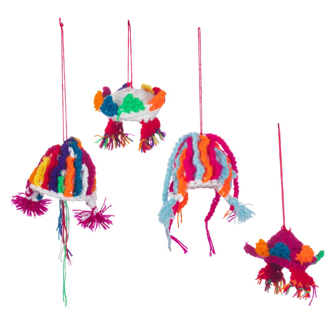 Crocheted Peruvian Ornaments with Andean Hats (Set of 4) - Colorful Andean Tradition