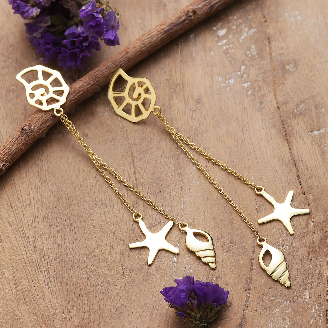 Sea-Life-Themed Brass Statement Dangle Earrings from India - Underwater Glory