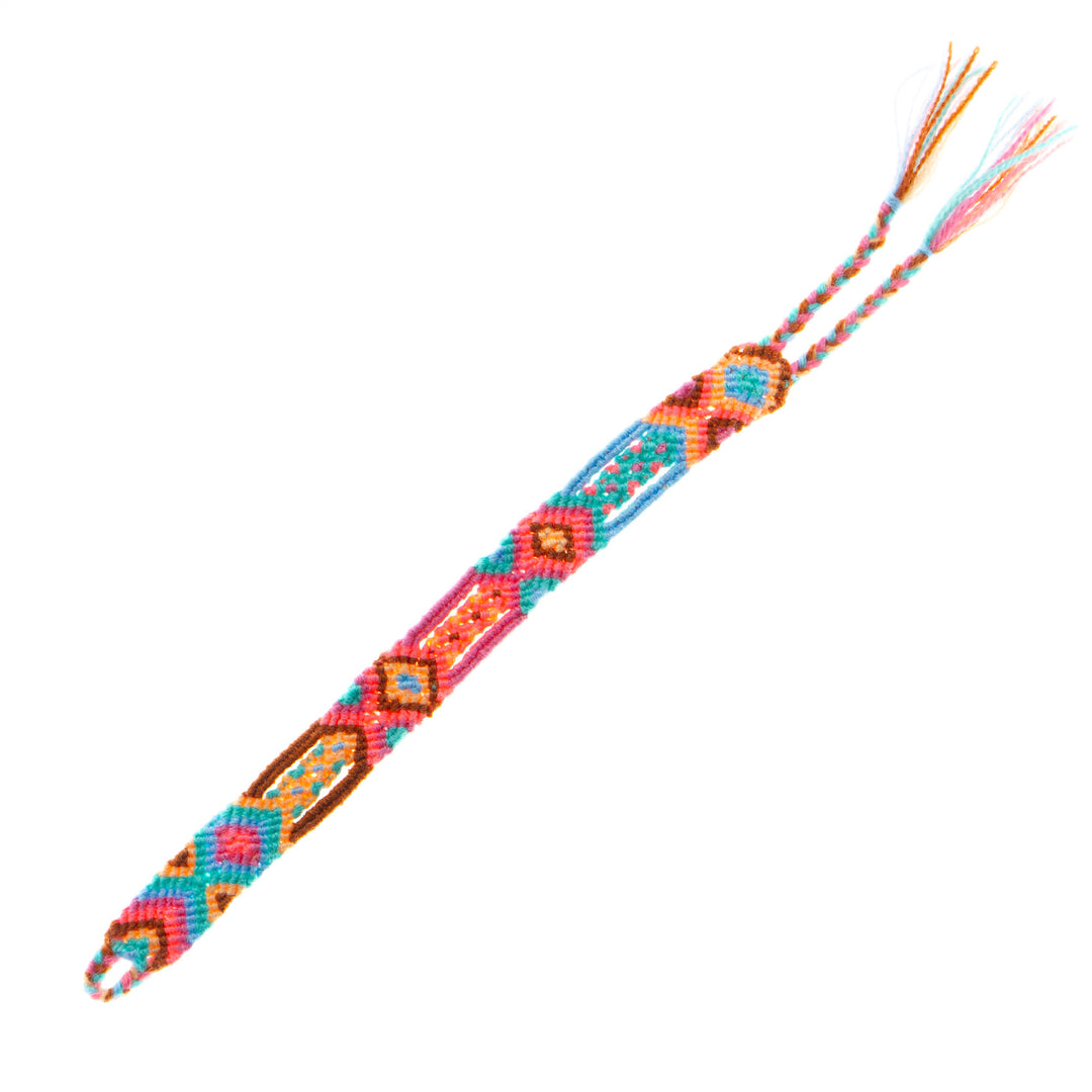 Handwoven Cotton Wristband Bracelet with Geometric Motifs - Pink Geometry