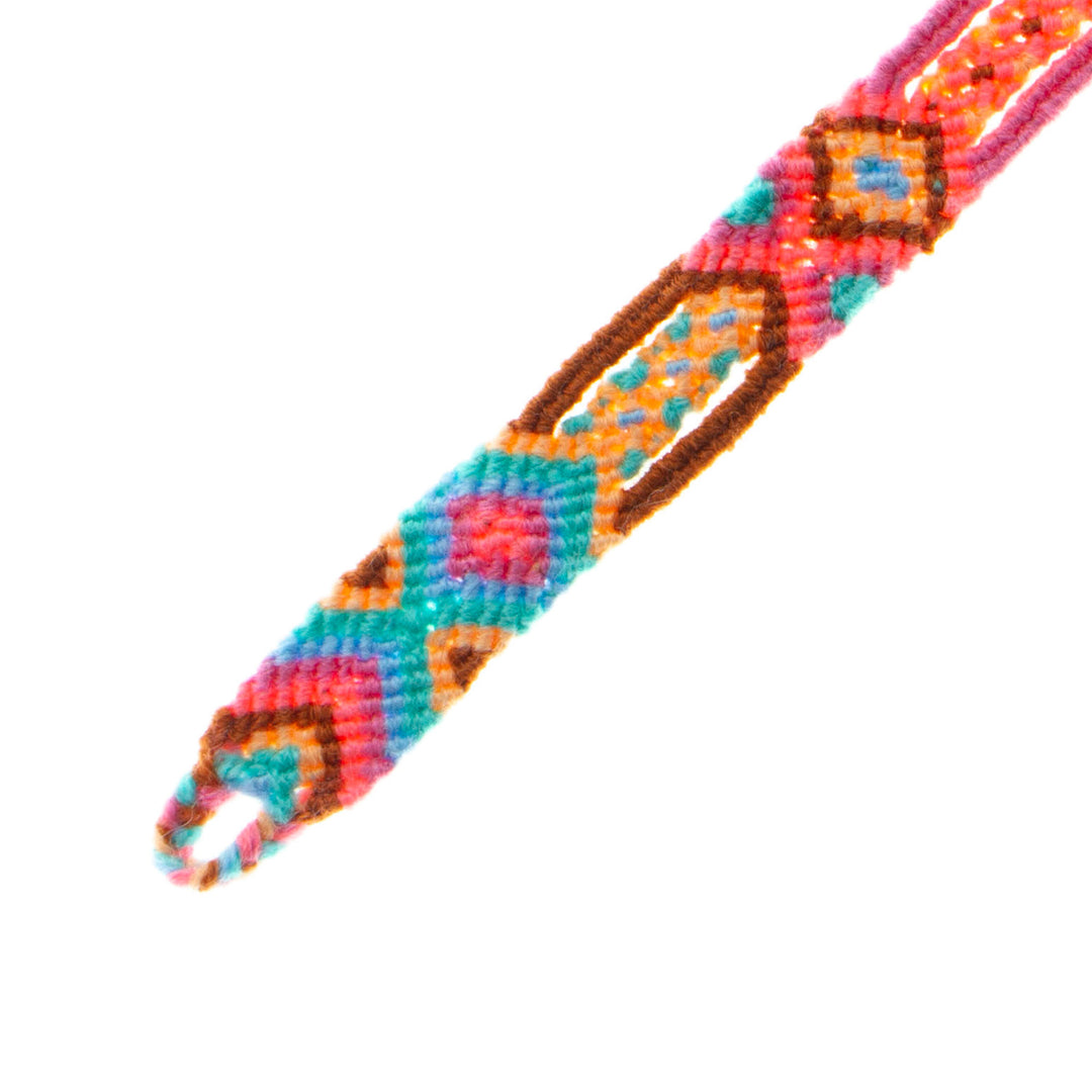Handwoven Cotton Wristband Bracelet with Geometric Motifs - Pink Geometry