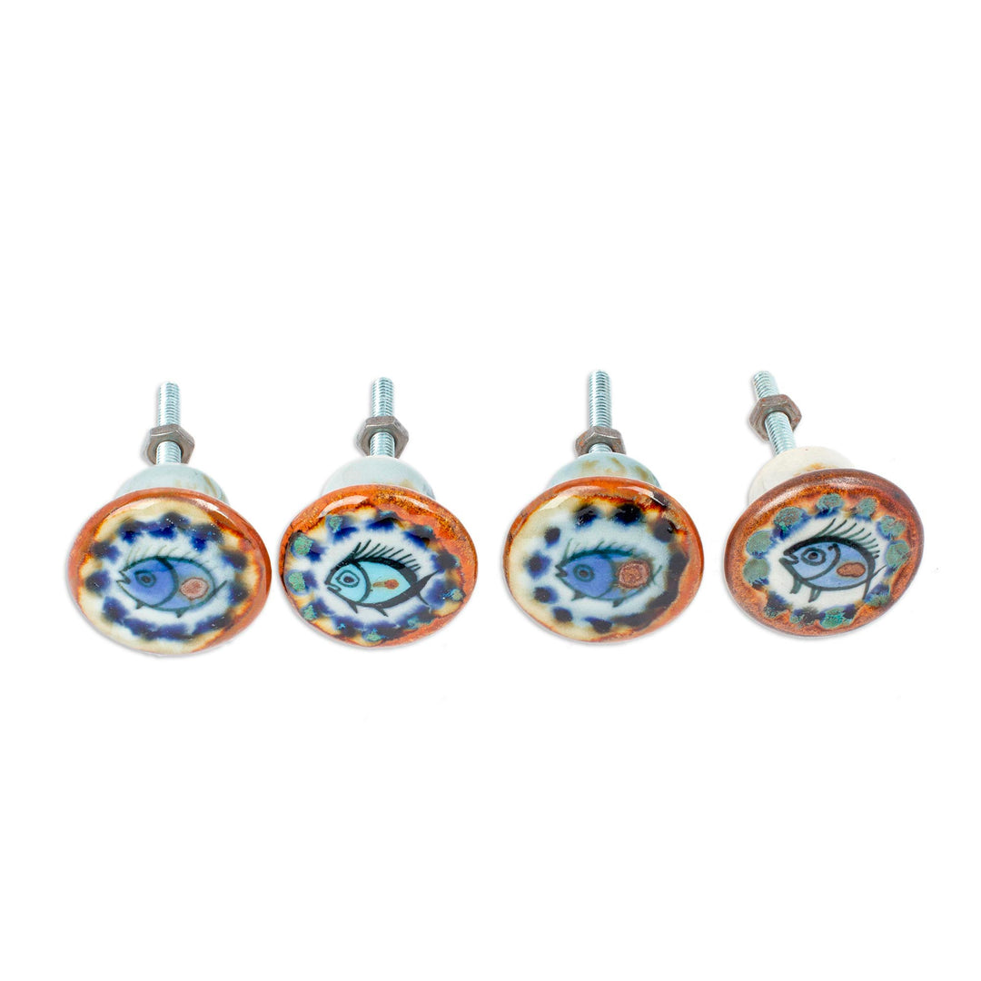 Set of 4 Handcrafted Ceramic Fish Knobs from Mexico - Marine Aura