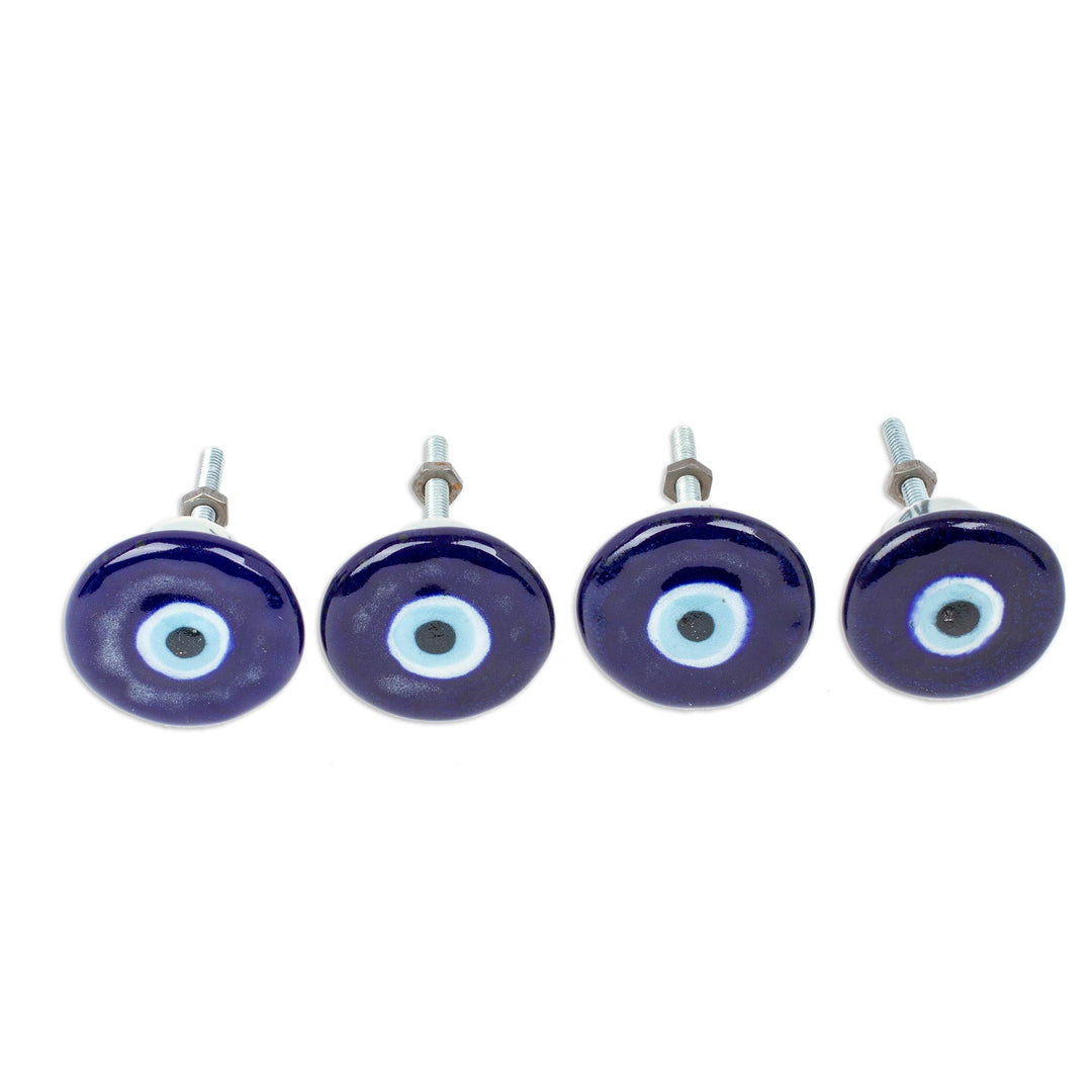 Set of 4 Handcrafted Ceramic Blue Knobs from Mexico - Deep Glances