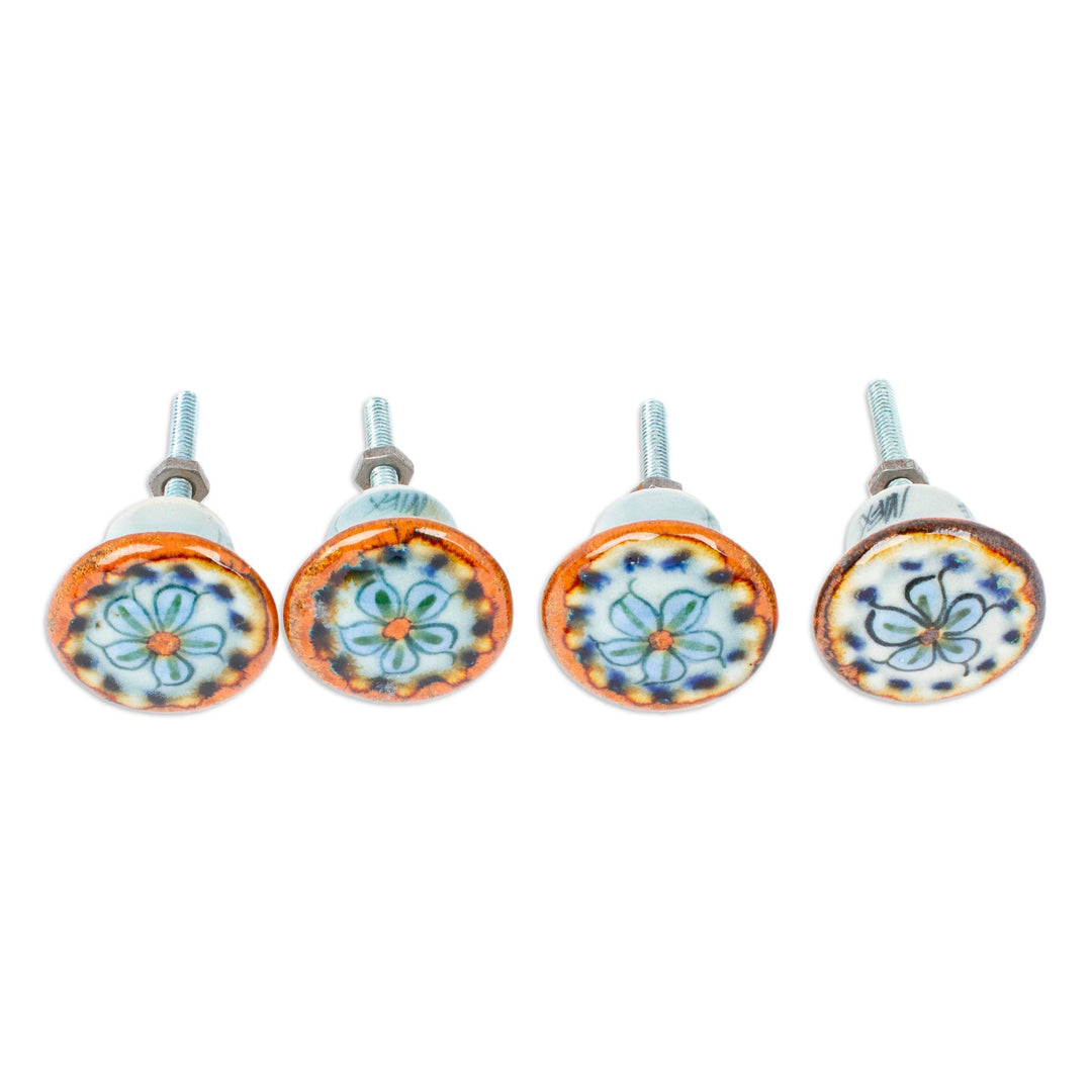 Set of 4 Handcrafted Ceramic Flower Knobs from Mexico - Handy Garden
