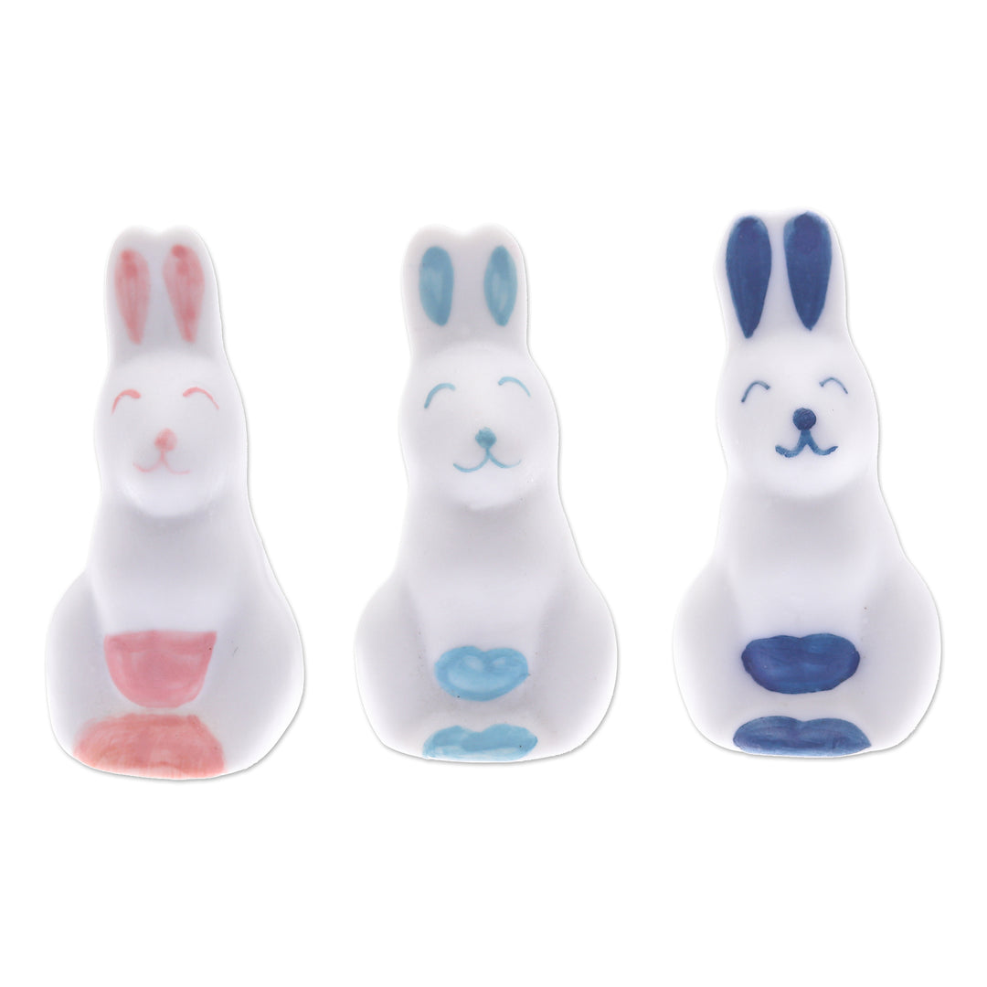 Set of 3 Ceramic Figurines of Pink and Blue Bunnies - Sweet Reunion