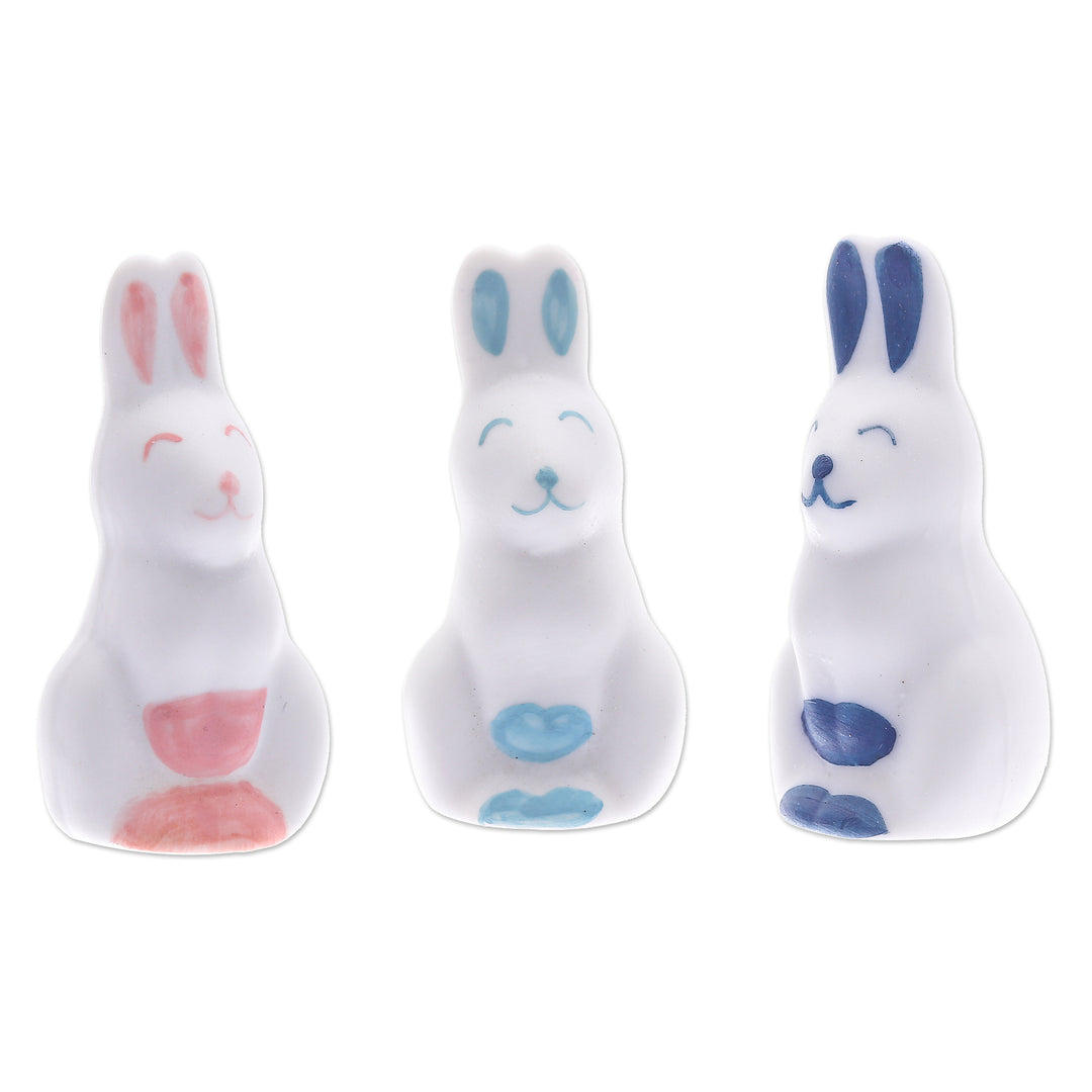 Set of 3 Ceramic Figurines of Pink and Blue Bunnies - Sweet Reunion