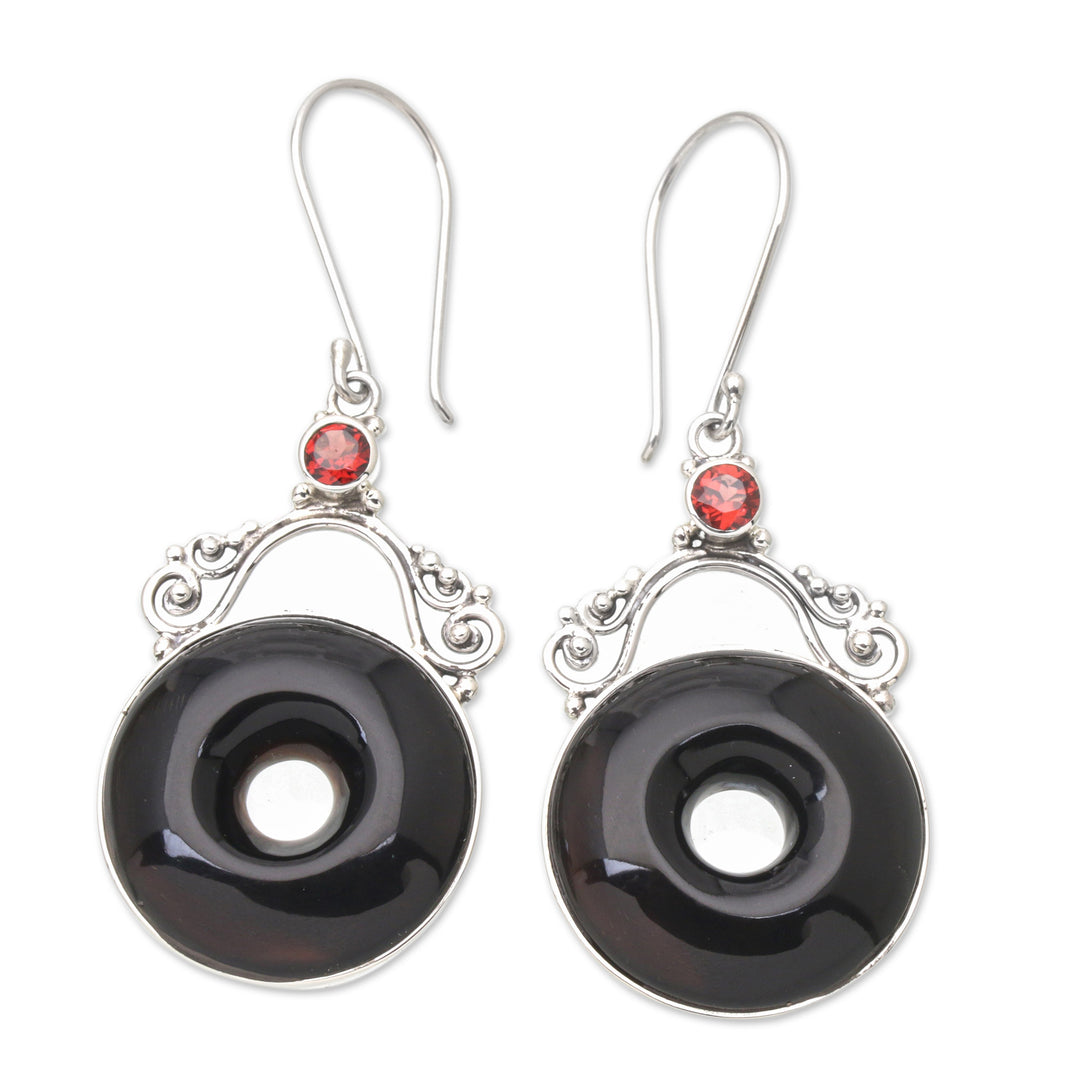Balinese Horn Garnet & Sterling Silver Round Dangle Earrings - Sweet Donuts