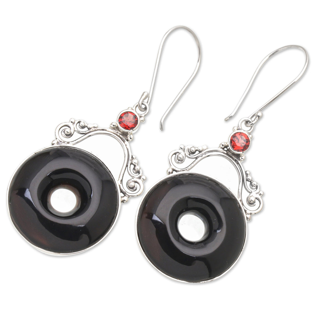 Balinese Horn Garnet & Sterling Silver Round Dangle Earrings - Sweet Donuts