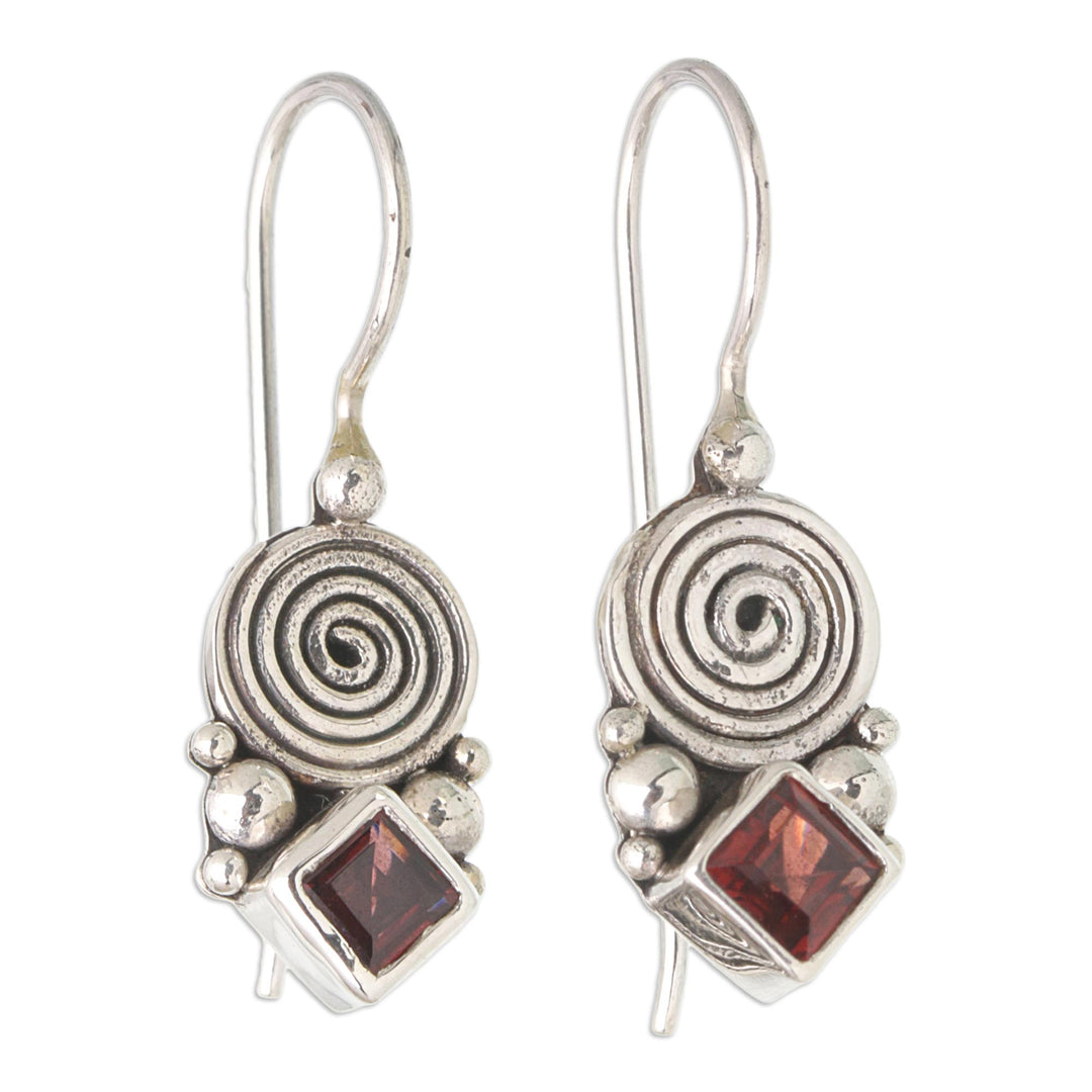 Sterling Silver Drop Earrings with Natural Garnet Stones - Love Spiral