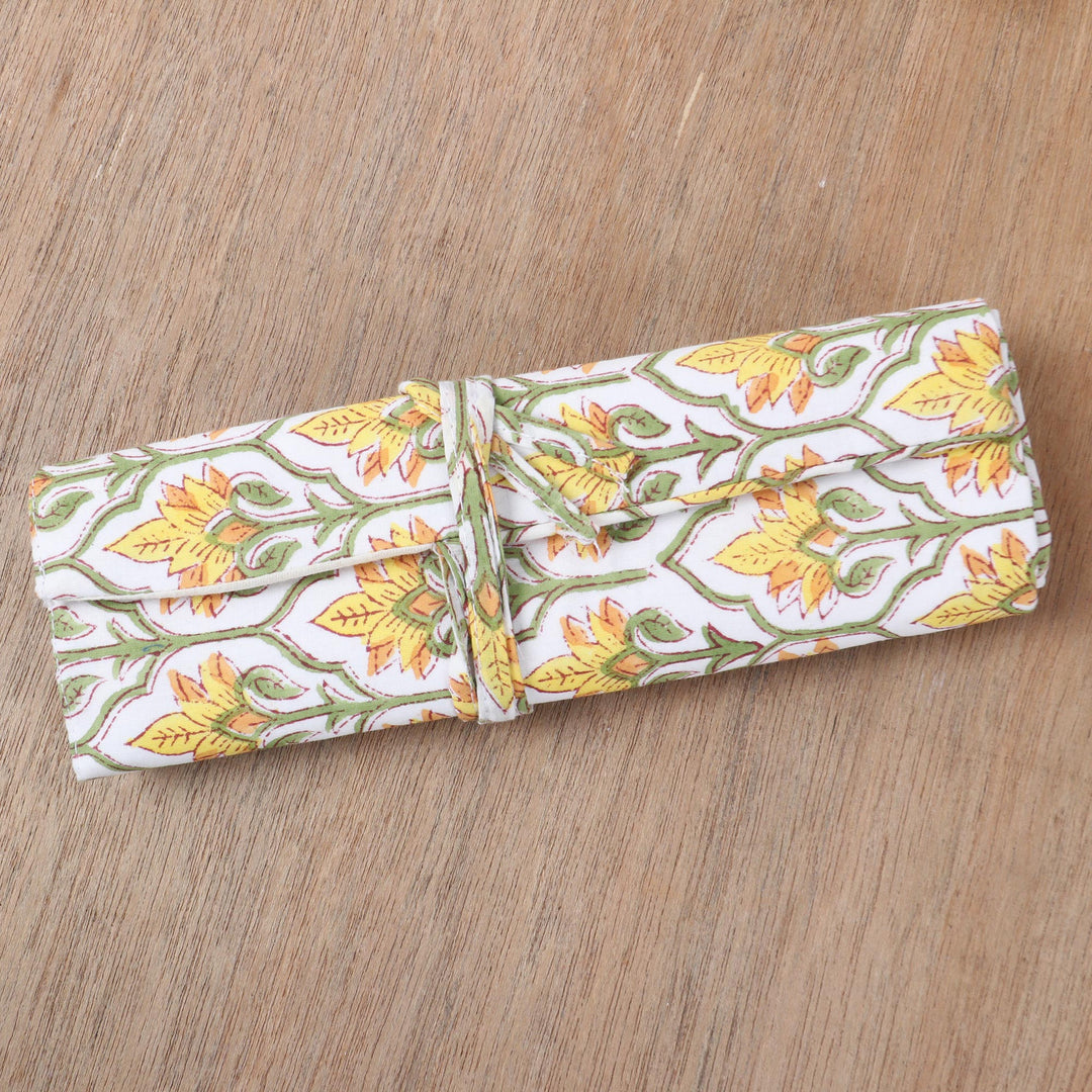 Cotton Roll Pencil Case with Hand-Block Printed Floral Motif - Glorious Buttercup
