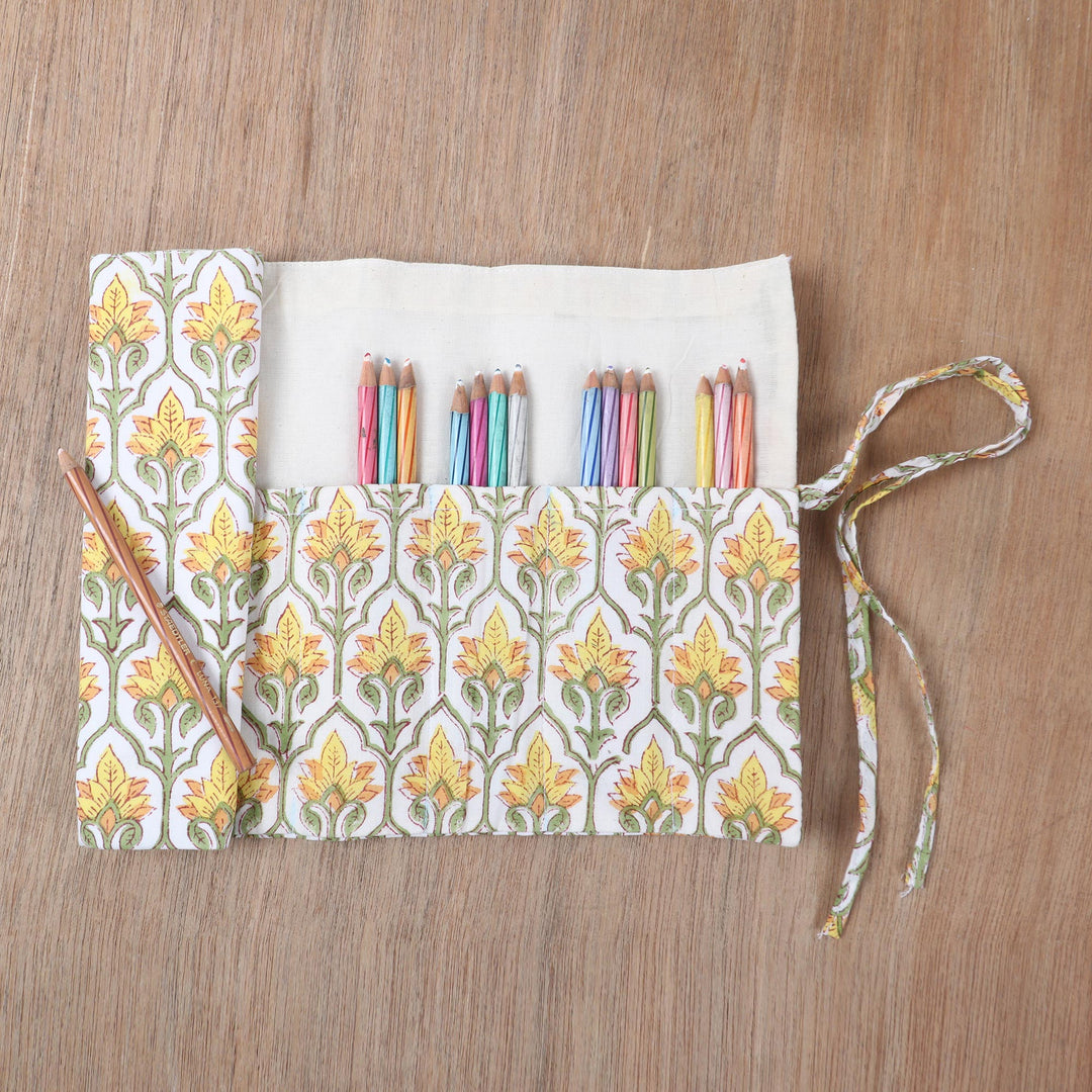 Cotton Roll Pencil Case with Hand-Block Printed Floral Motif - Glorious Buttercup
