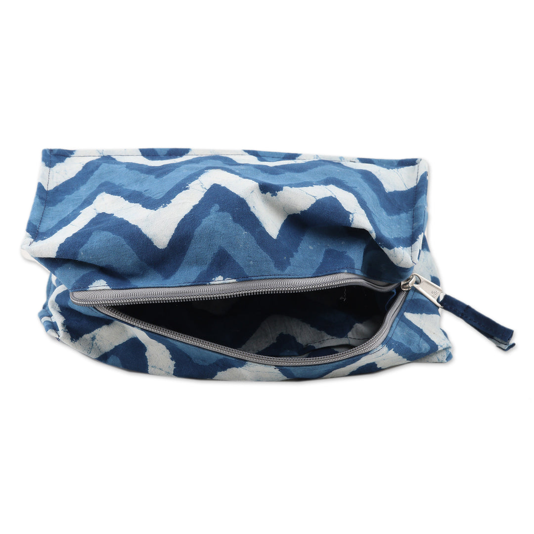 Blue Cotton Travel Case with Hand-Block Printed Wavy Pattern - Azure Waves