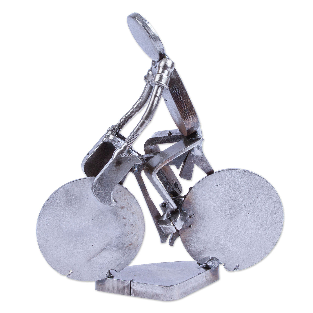 Handcrafted Recycled Scrap Metal Statuette of Man Biking - Ecological Morning