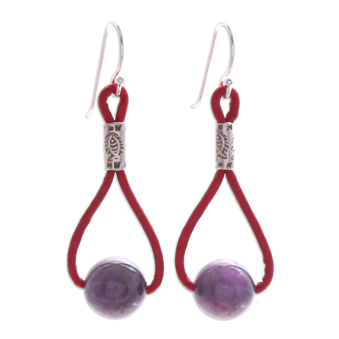 Amethyst and Leather Dangle Earrings with 950 Silver Beads - Spring Passion