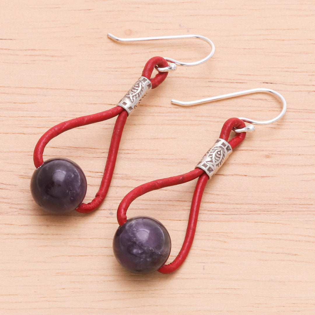 Amethyst and Leather Dangle Earrings with 950 Silver Beads - Spring Passion