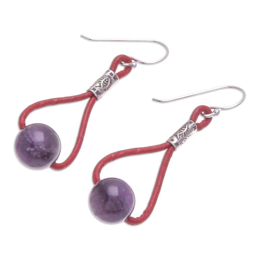 Amethyst and Leather Dangle Earrings with 950 Silver Beads - Spring Passion