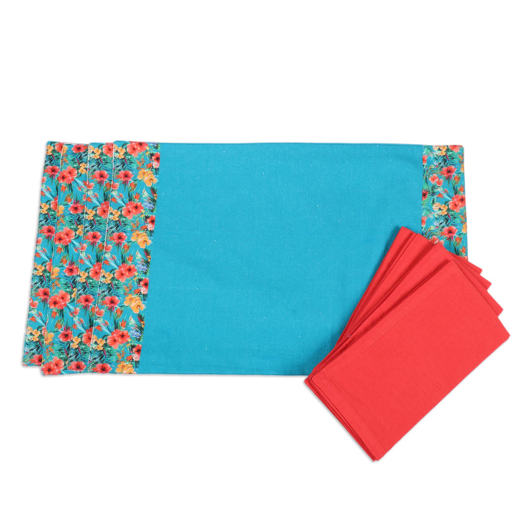 Cotton Placemats and Napkins with Floral Motif (Set of 4) - Floral Greetings