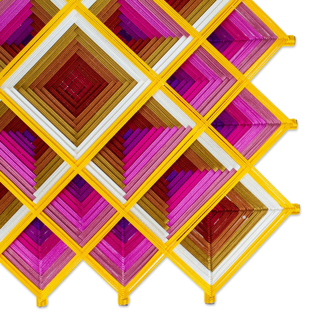 Pine Wood Handwoven Pink Wall Art with Geometric Motifs - Pink Divinity