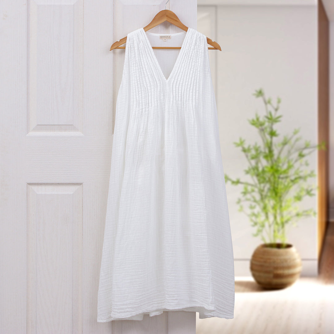 Sleeveless Cotton Gauze Summer Dress in White from Thailand - A Day Off in White