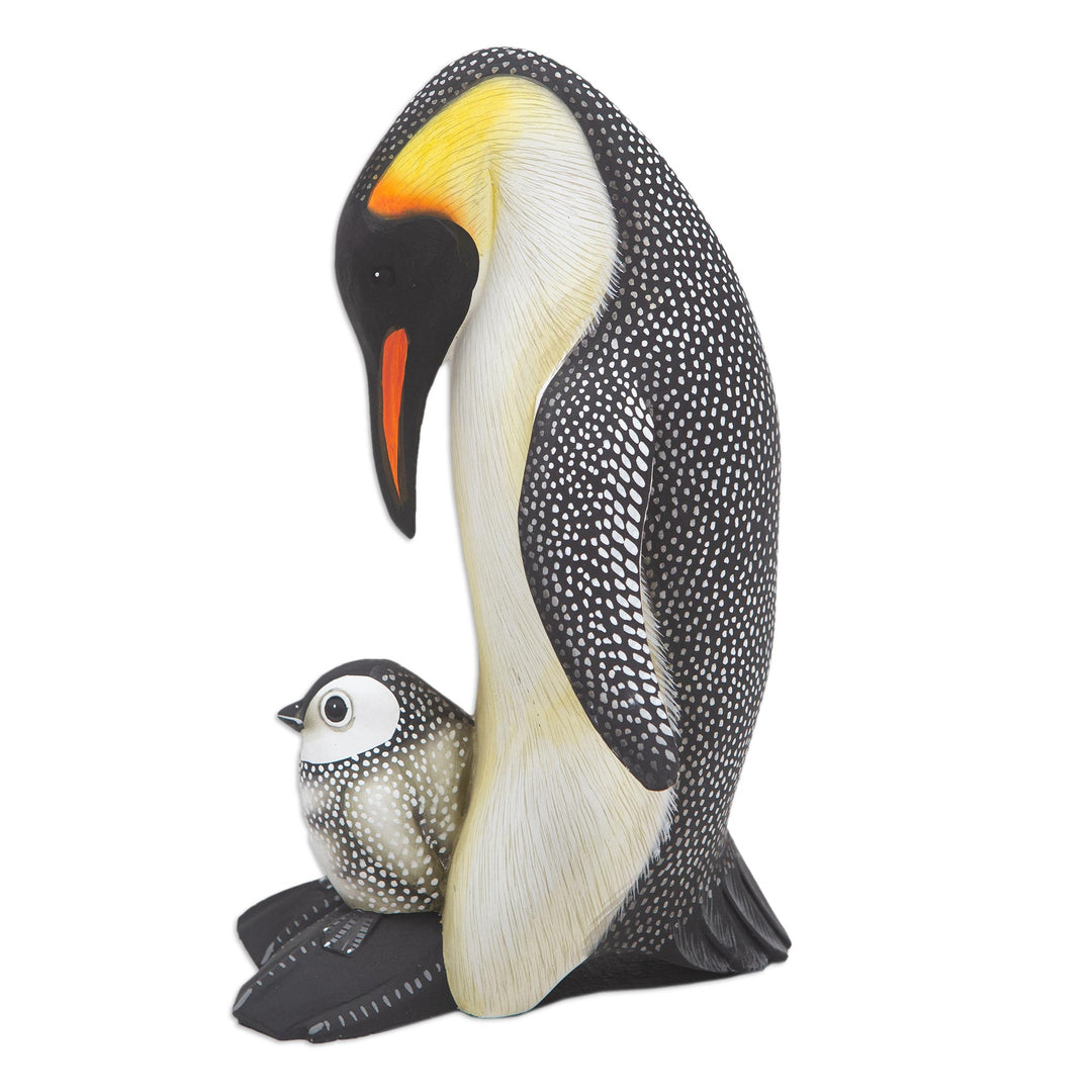 Suar Wood Penguin Sculpture Carved and Painted by Hand - Penguin Mother and Chick