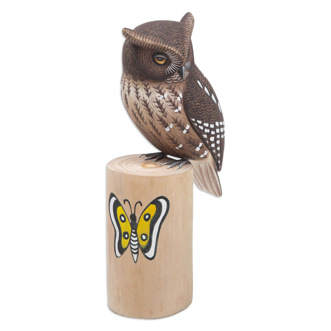 Teak and Suar Wood Owl Sculpture Carved and Painted by Hand - Owl and Butterfly