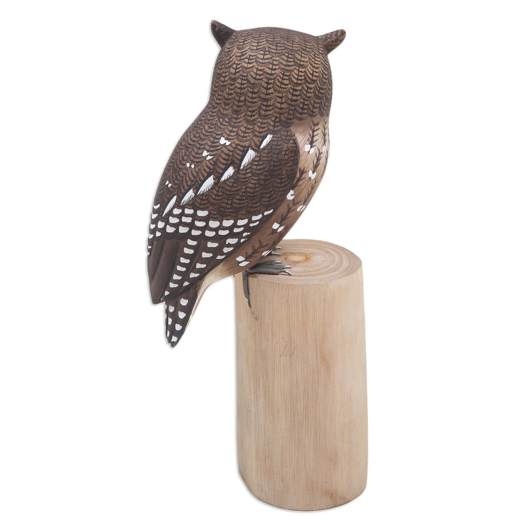 Teak and Suar Wood Owl Sculpture Carved and Painted by Hand - Owl and Butterfly