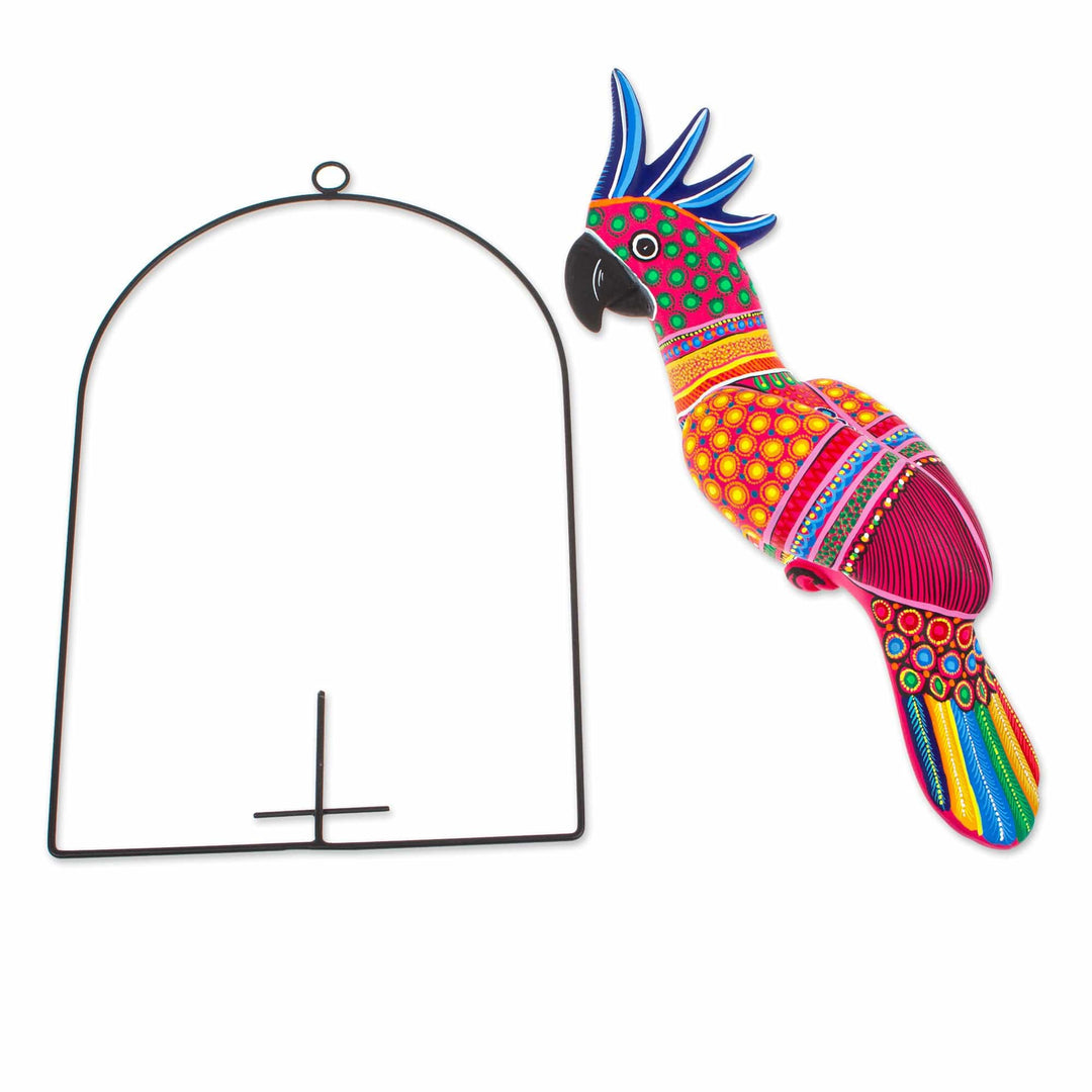 Handmade Ceramic Alebrije Pink Cockatoo Sculpture with Base - Eden Feathers in Cerise