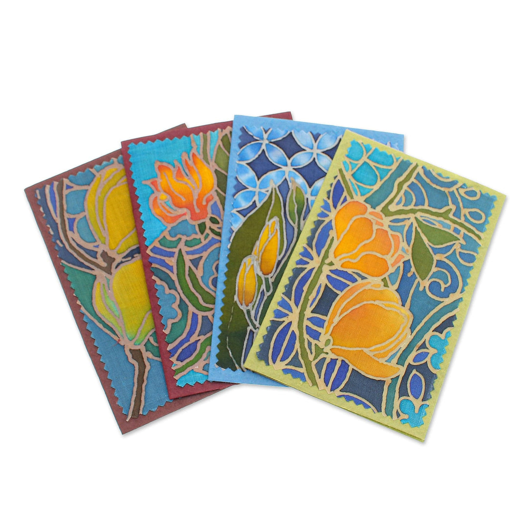 Handcrafted Batik Floral Greeting Cards (Set of 4) - Flourishing Thailand