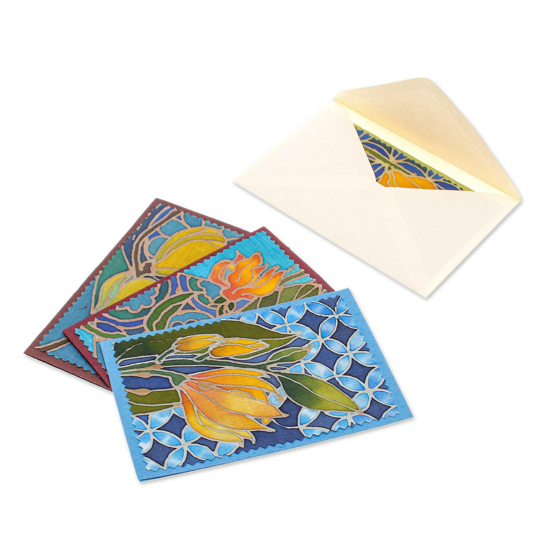 Handcrafted Batik Floral Greeting Cards (Set of 4) - Flourishing Thailand