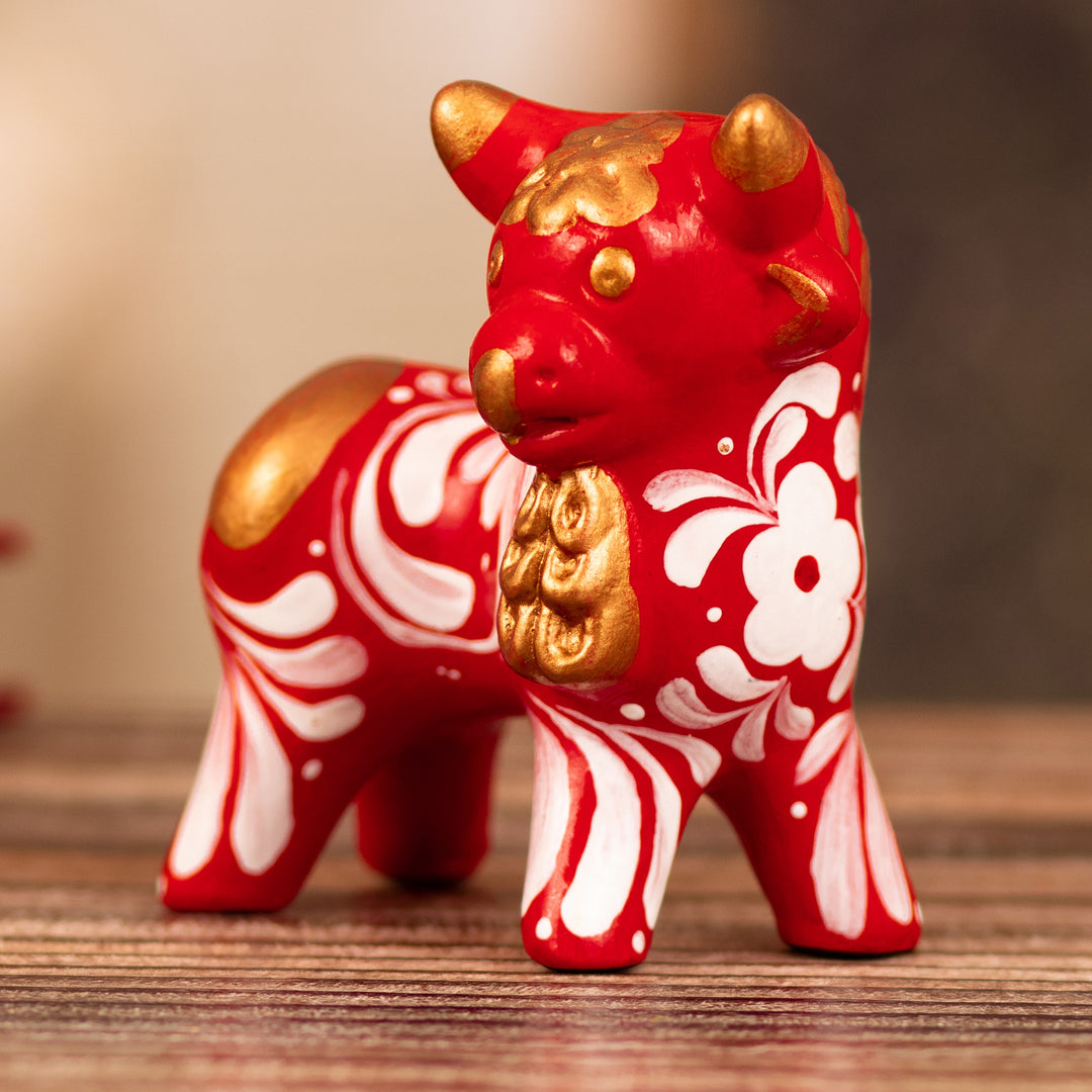Traditional Andean Handcrafted Ceramic Bull Sculpture in Red - Red Guardian of the Andes
