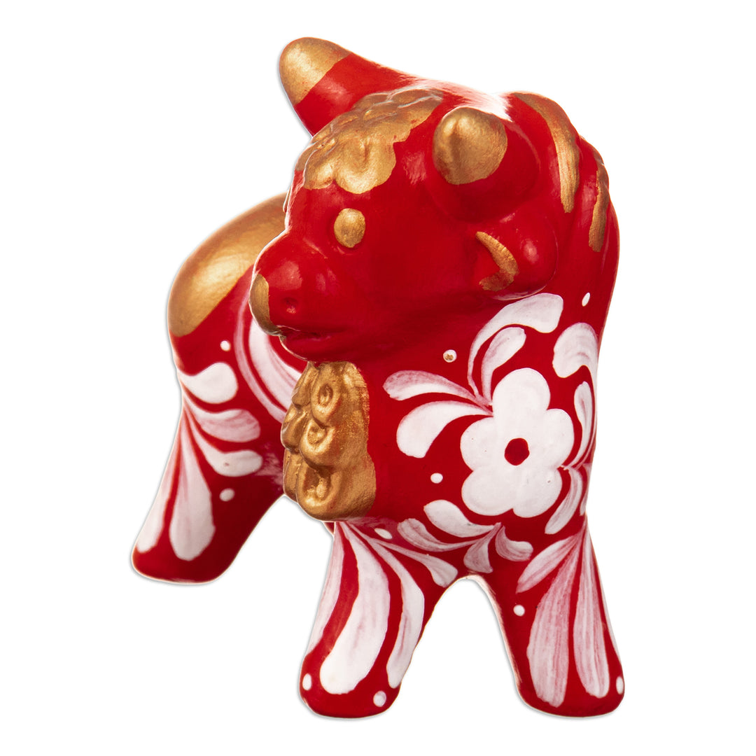 Traditional Andean Handcrafted Ceramic Bull Sculpture in Red - Red Guardian of the Andes