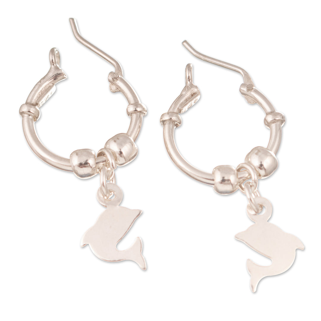 Sterling Silver Hoop Earrings with Dangling Dolphin Charms - Happy Dolphin
