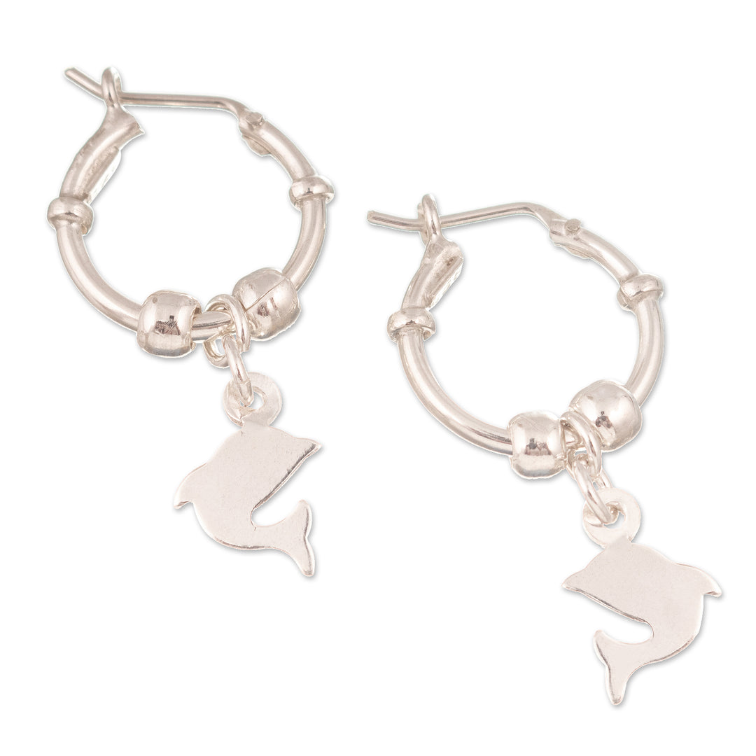Sterling Silver Hoop Earrings with Dangling Dolphin Charms - Happy Dolphin