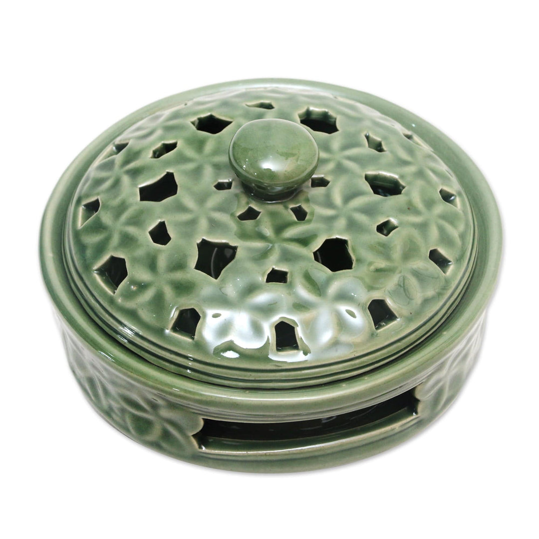 Balinese Handmade Green Porcelain Mosquito Coil Holder - Plumeria Blooms in Green
