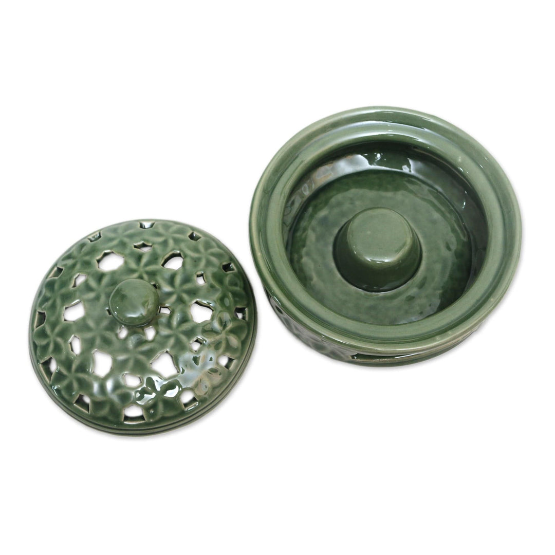 Balinese Handmade Green Porcelain Mosquito Coil Holder - Plumeria Blooms in Green