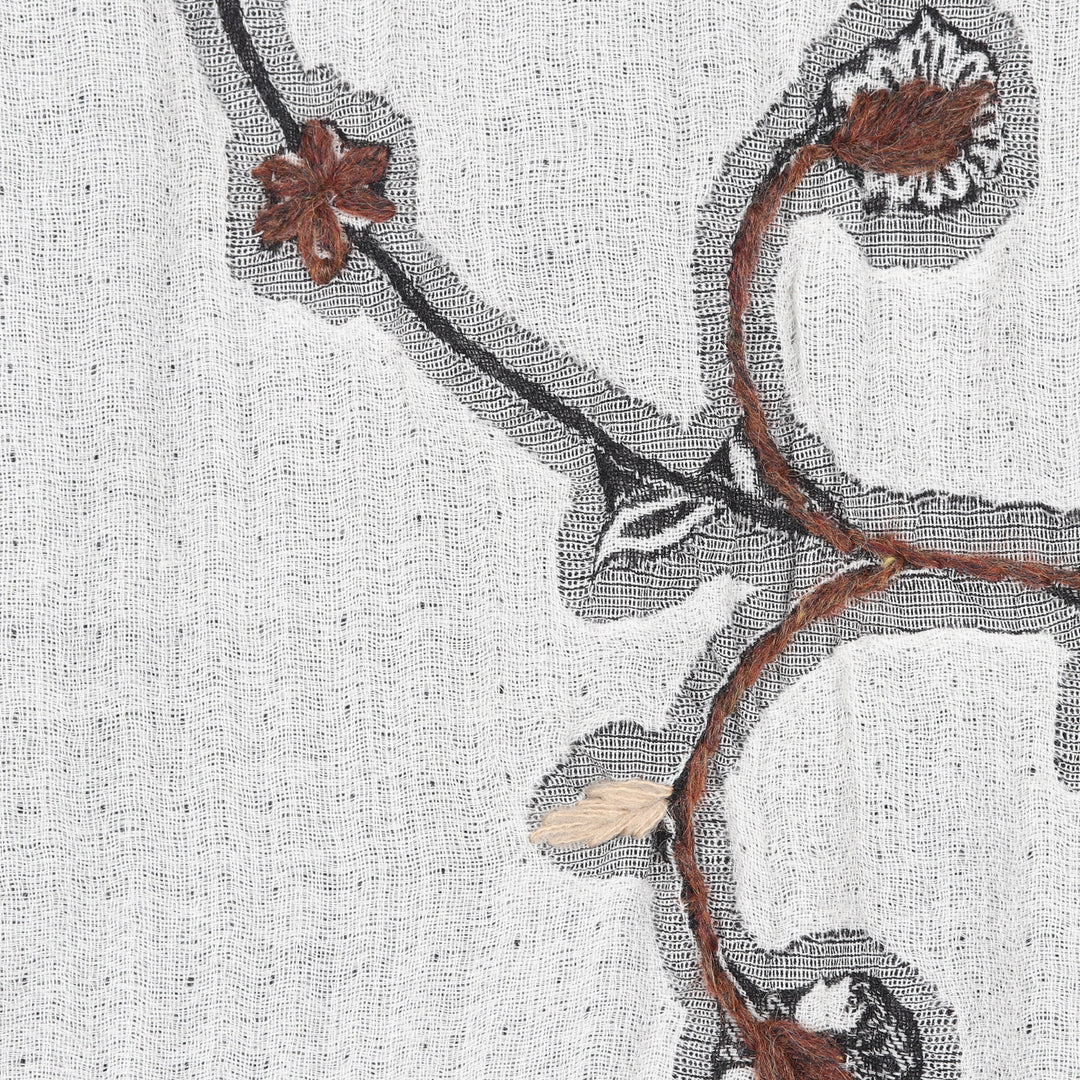 Hand-Embroidered Wool Shawl with Grey Paisley Details - Misty Glory