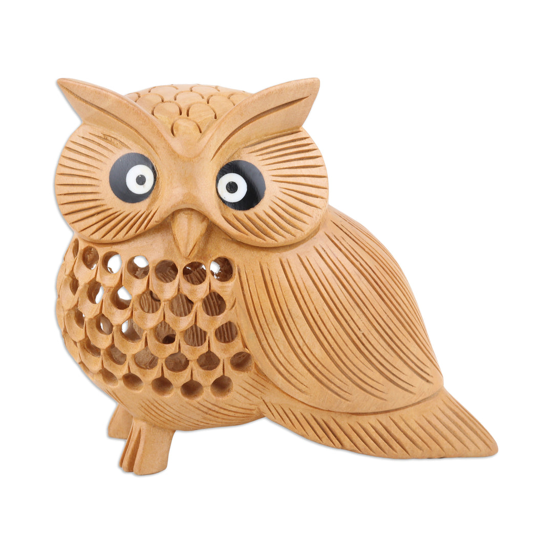 Brown Kadam Wood Owl Sculpture Hand-Carved in India - Wise Soul