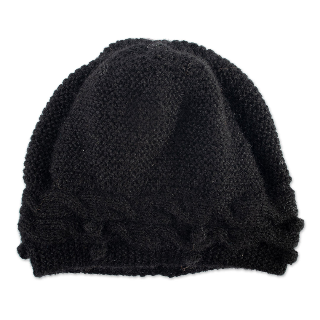 Knit 100% Alpaca Hat in a Black Tone Handcrafted in Peru - Crossed Paths in Black