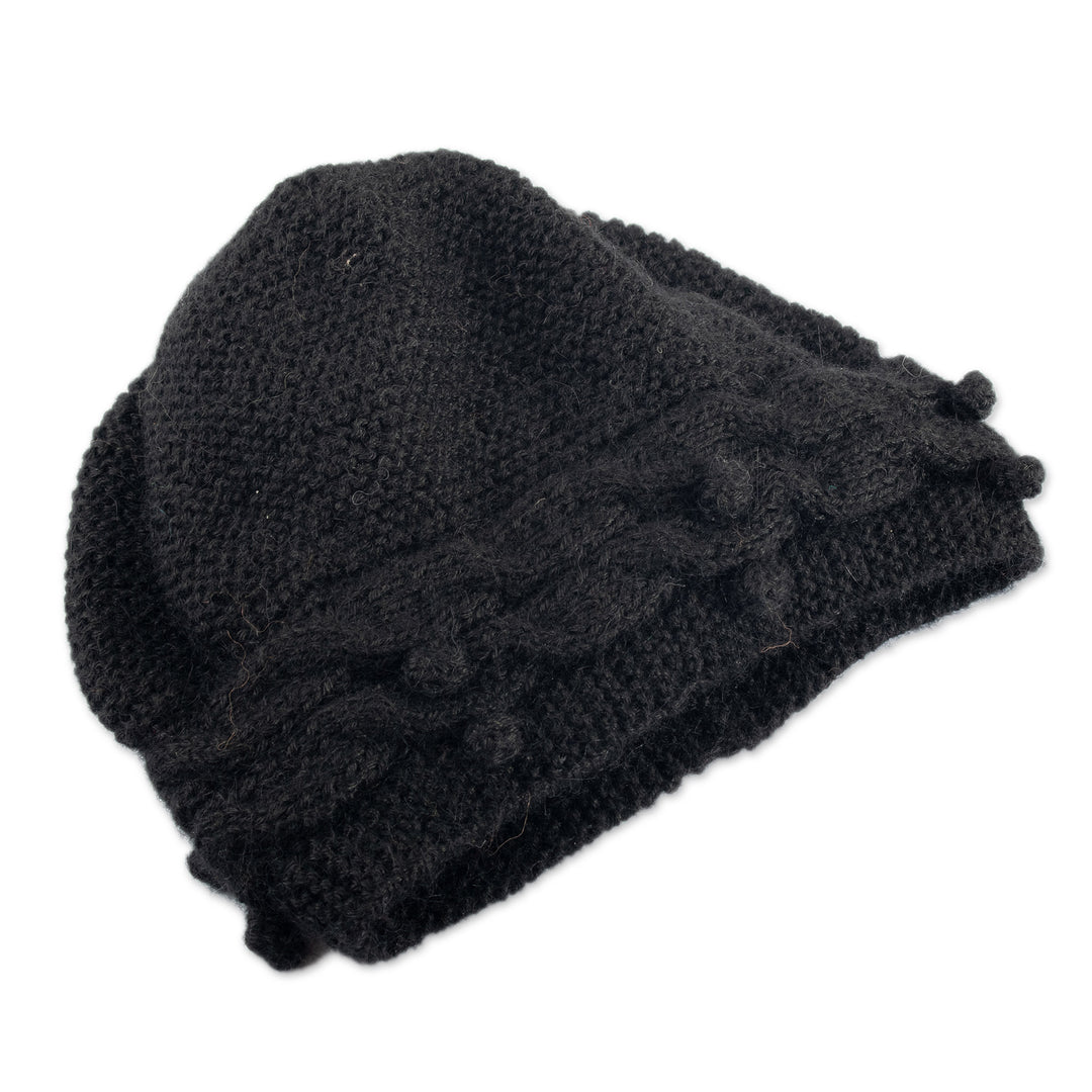 Knit 100% Alpaca Hat in a Black Tone Handcrafted in Peru - Crossed Paths in Black