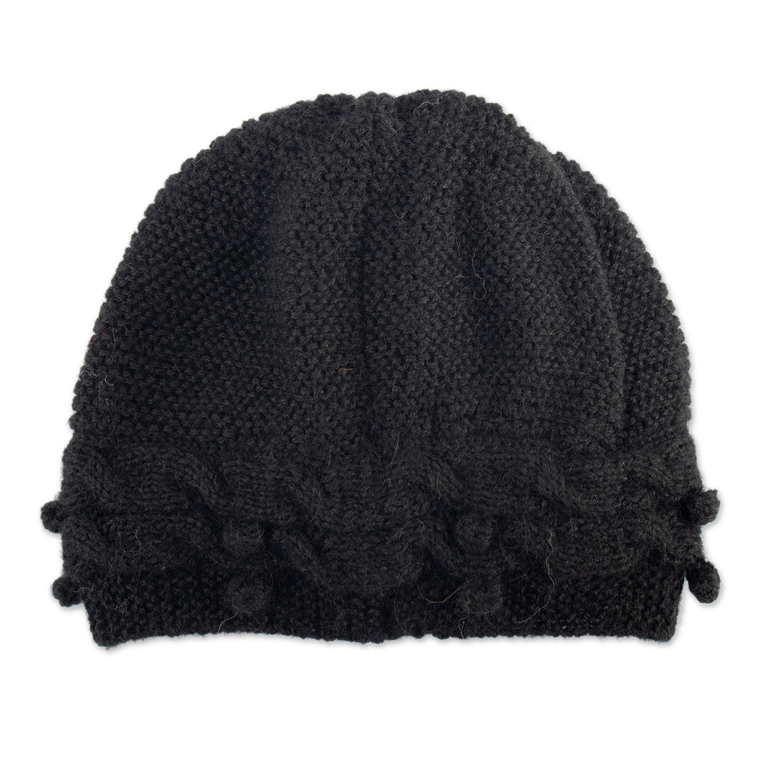 Knit 100% Alpaca Hat in a Black Tone Handcrafted in Peru - Crossed Paths in Black