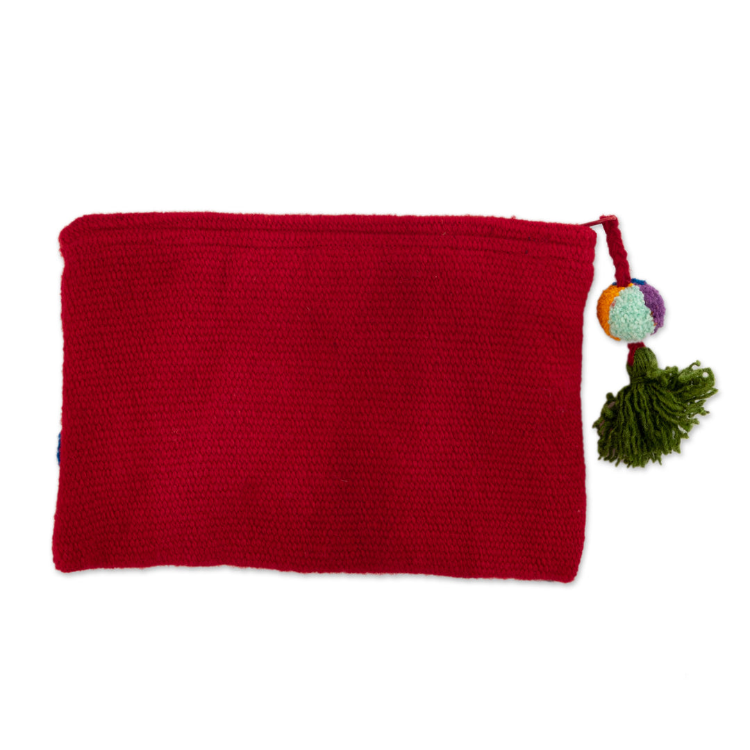Floral Embroidered Red 100% Alpaca Cosmetic Bag from Peru - Intense Devotion