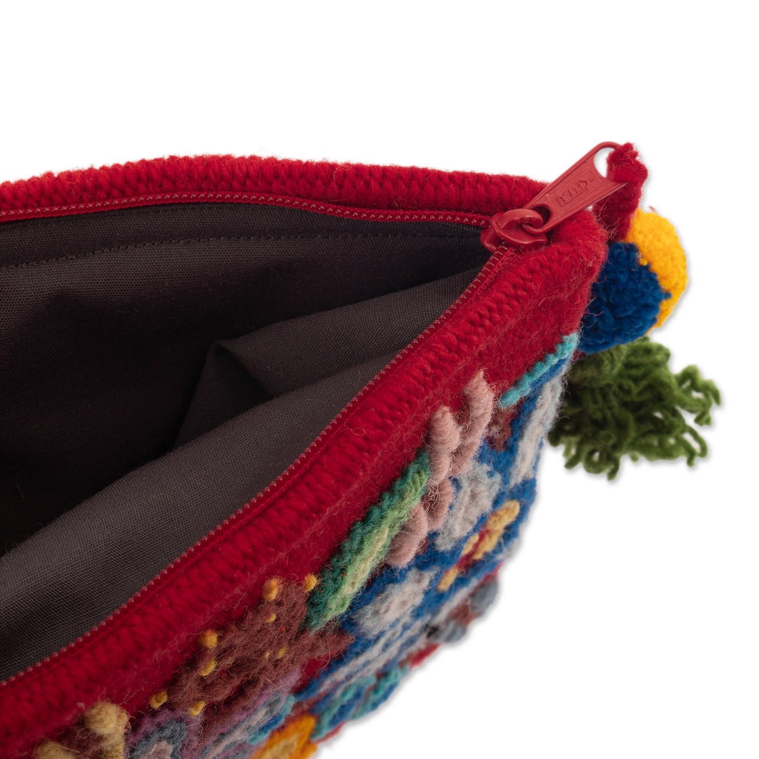 Floral Embroidered Red 100% Alpaca Cosmetic Bag from Peru - Intense Devotion