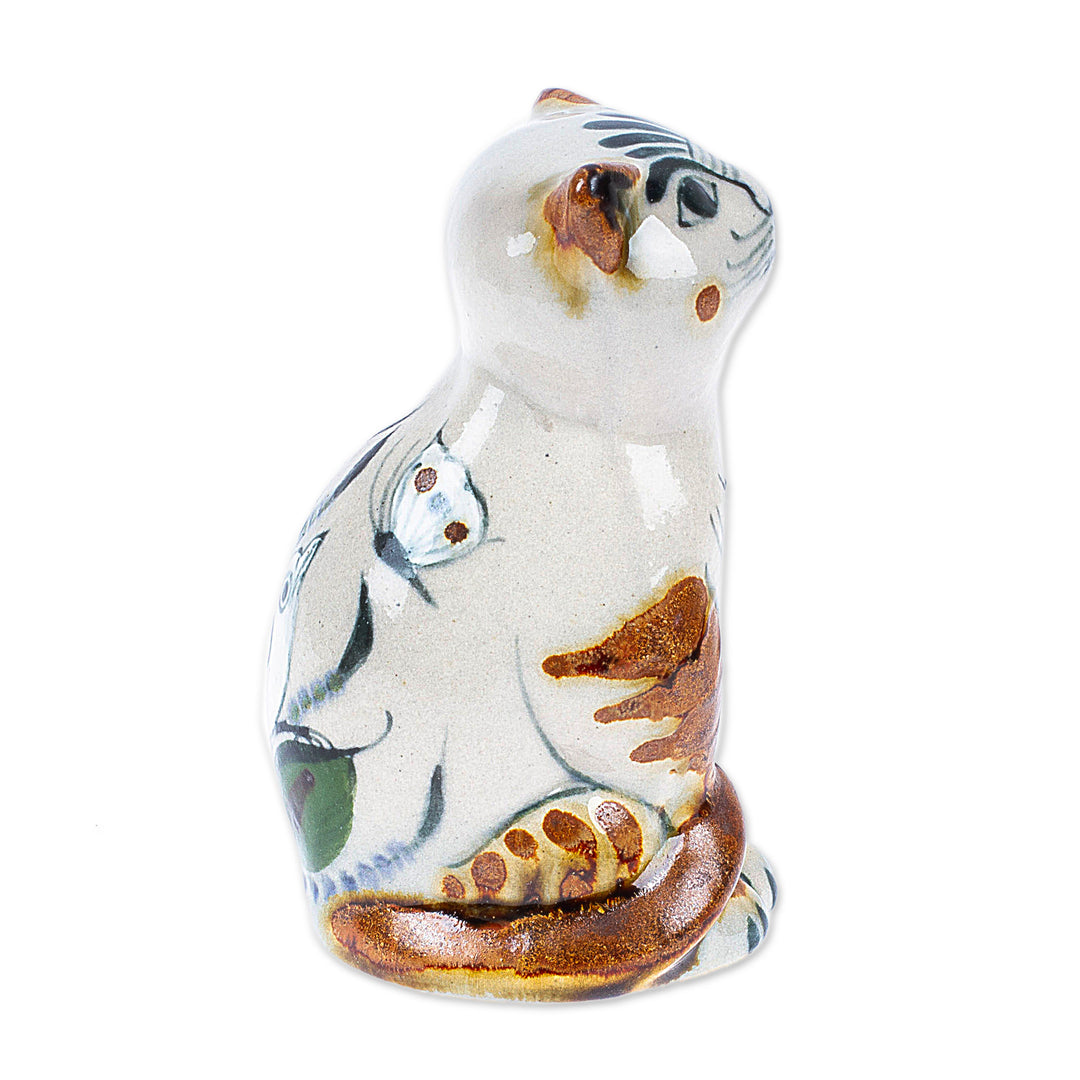 Ceramic Cat Figurine Crafted and Painted by Hand in Mexico - Traditional Cat with Dove