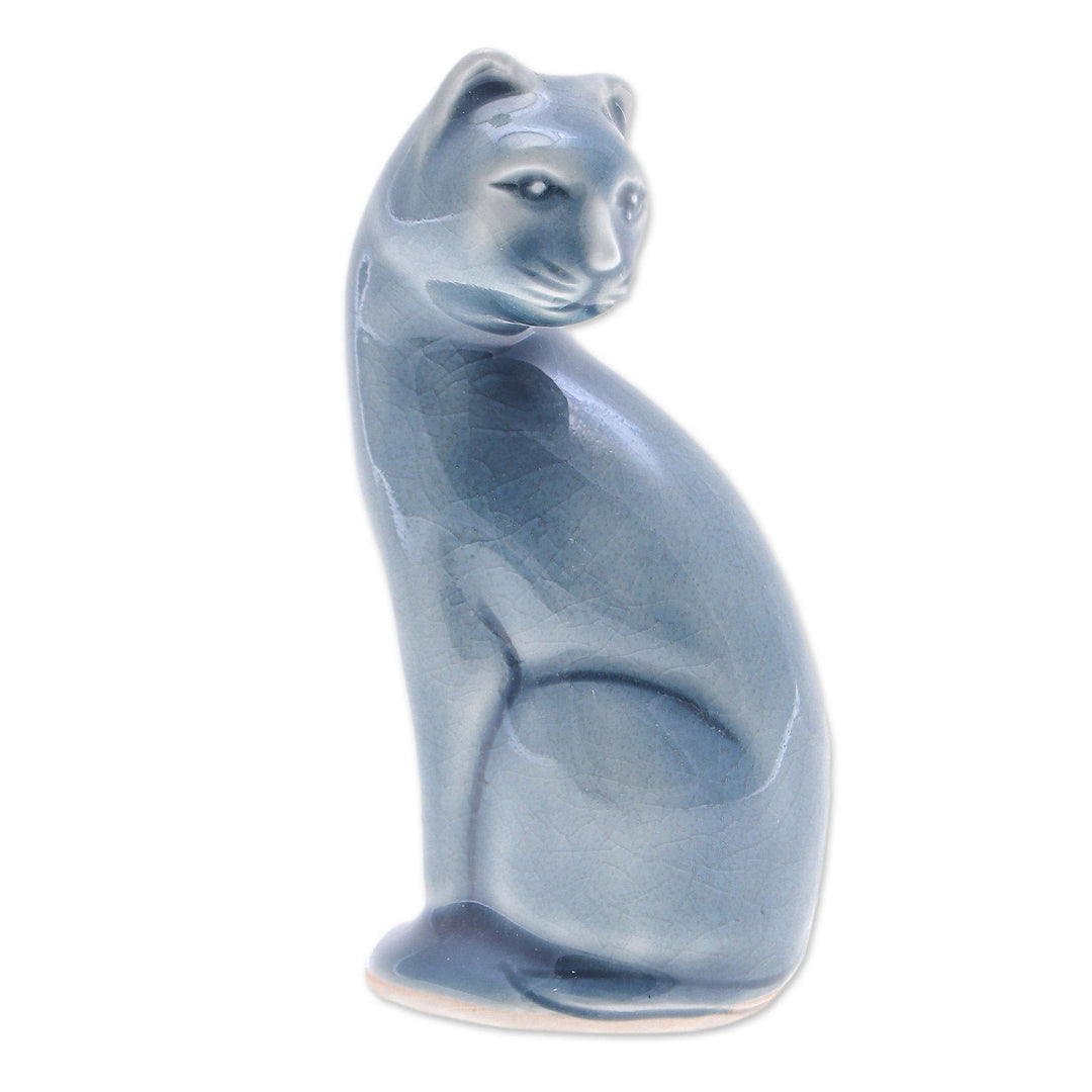 Blue Celadon Ceramic Cat Figurine Hand-Crafted in Thailand - Beautiful Cat in Blue
