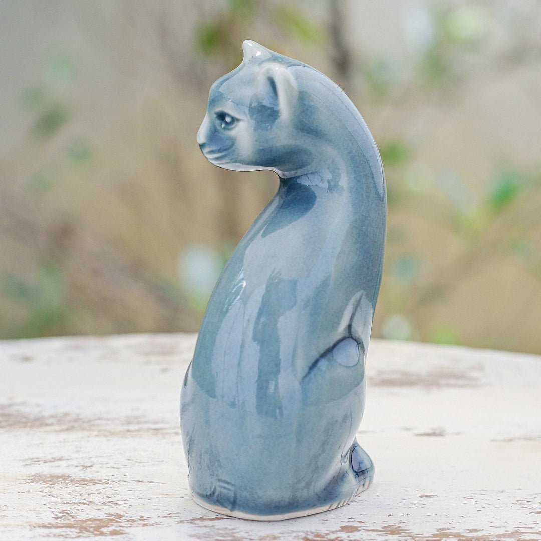 Blue Celadon Ceramic Cat Figurine Hand-Crafted in Thailand - Beautiful Cat in Blue