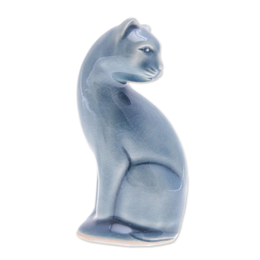 Blue Celadon Ceramic Cat Figurine Hand-Crafted in Thailand - Beautiful Cat in Blue