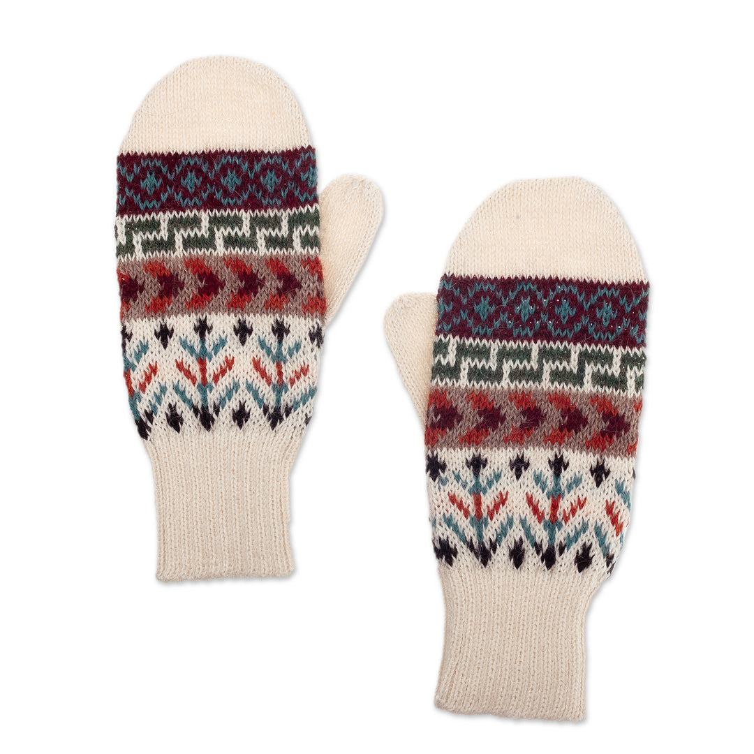 Handloomed Traditional Andean Ivory Alpaca Mittens from Peru - Andean Nature