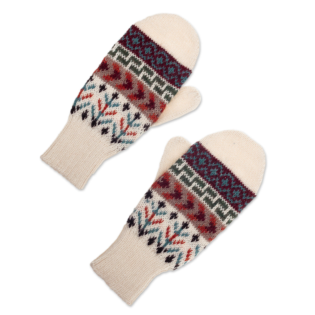 Handloomed Traditional Andean Ivory Alpaca Mittens from Peru - Andean Nature
