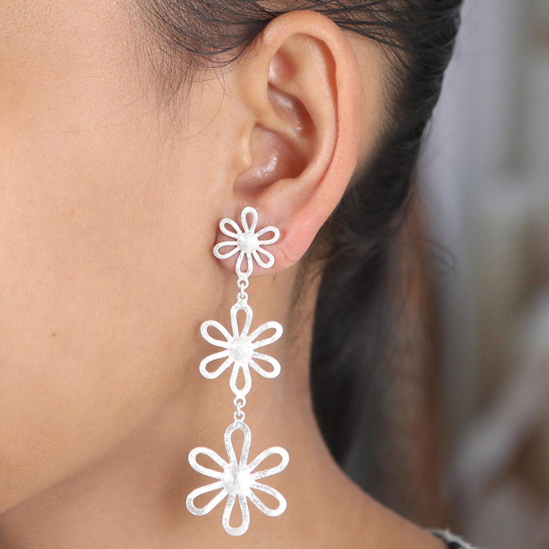 Sterling Silver Dangle Earrings with Floral Details - Floral Rain