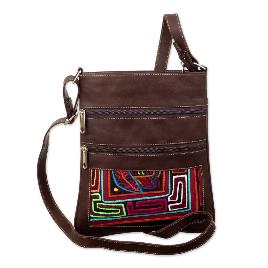 Brown Leather Sling with Mola Textile and Adjustable Strap - Brown Forest